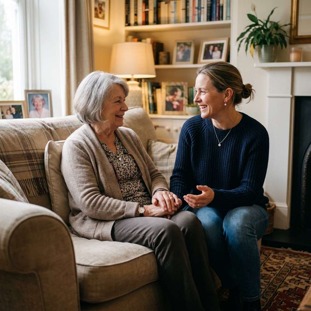 Adult daughter speaking with elderly mother